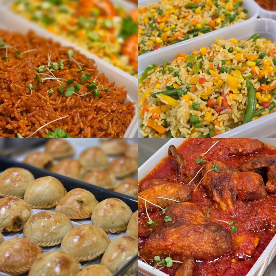£150 Deal Offer - 4L Jollof Rice 2L Fried Rice 2L Stewed Chicken 6 Meat Pie