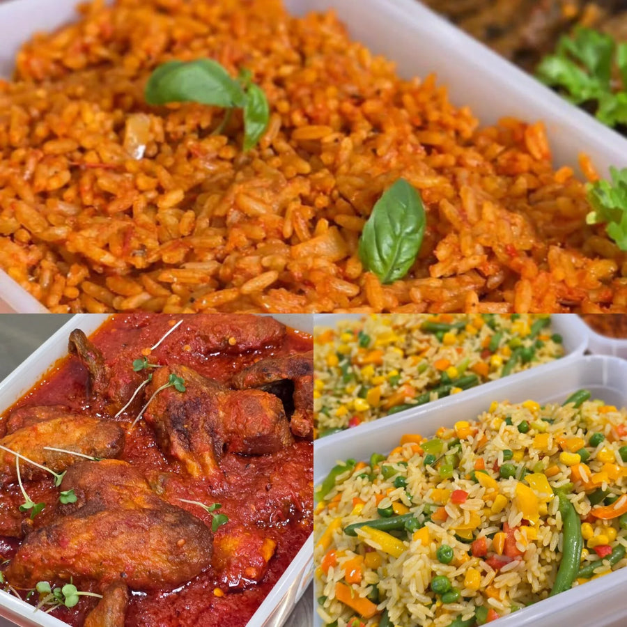 £100 Deal Offer - 4L Jollof Rice 2L Fried Rice 1L Stewed Chicken