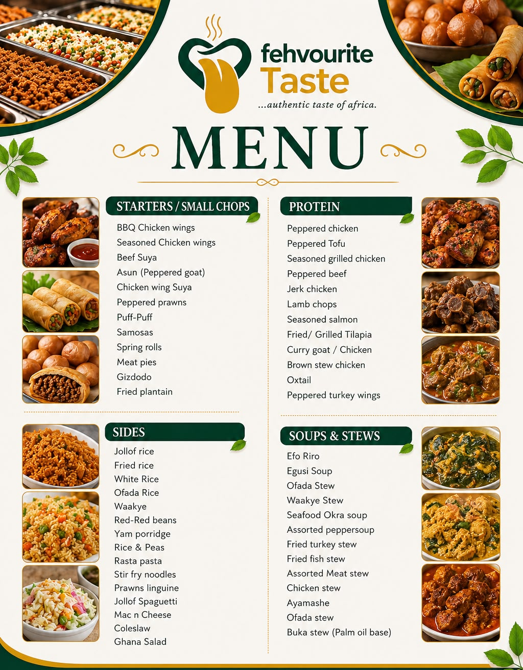 Fehvourite Taste full menu — starters, protein, sides, soups & stews
